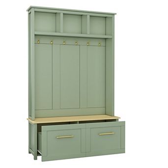 Trikiousd 4-in-1 Hall Tree Entryway Coat Rack with 6 Golden Hooks, Wood Grain Bench & 2 Drawers