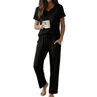 Ekouaer 2 pc Womens Pajamas Short Sleeve Top and Long Pants Pjs Set Printed Sleepwear with Pocket