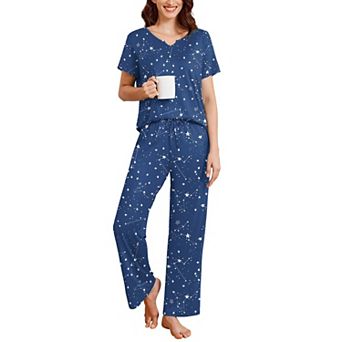 Ekouaer 2 pc Womens Pajamas Short Sleeve Top and Long Pants Pjs Set Printed Sleepwear with Pocket