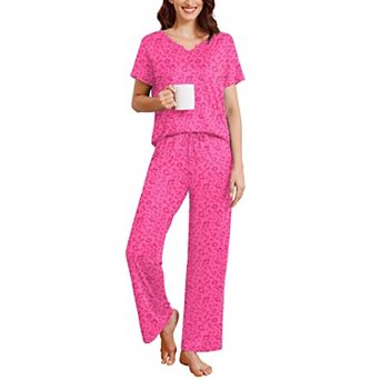 Ekouaer 2 pc Womens Pajamas Short Sleeve Top and Long Pants Pjs Set Printed Sleepwear with Pocket