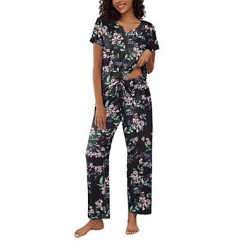 Ekouaer 2 pc Womens Pajamas Short Sleeve Top and Long Pants Pjs Set Printed Sleepwear with Pocket