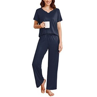Ekouaer 2 pc Womens Pajamas Short Sleeve Top and Long Pants Pjs Set Printed Sleepwear with Pocket