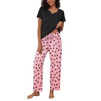 Ekouaer 2 pc Womens Pajamas Short Sleeve Top and Long Pants Pjs Set Printed Sleepwear with Pocket