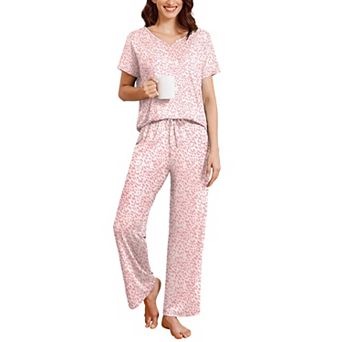 Ekouaer 2 pc Womens Pajamas Short Sleeve Top and Long Pants Pjs Set Printed Sleepwear with Pocket
