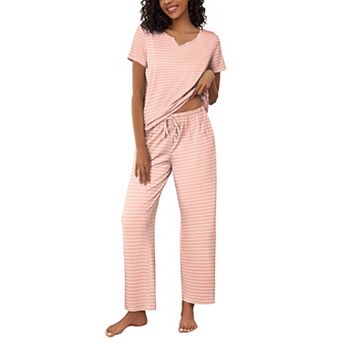 Ekouaer 2 pc Womens Pajamas Short Sleeve Top and Long Pants Pjs Set Printed Sleepwear with Pocket