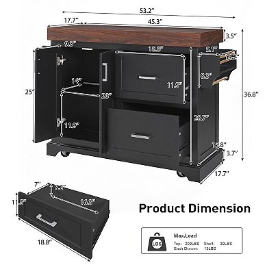 Pnronnc Rolling Kitchen Island with Thick Desktop, Spice and Towel Racks