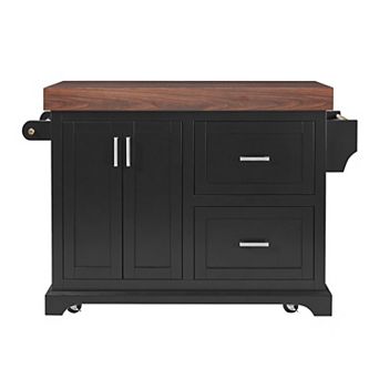 Pnronnc Rolling Kitchen Island with Thick Desktop, Spice and Towel Racks