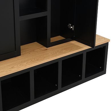 Trikiousd 4-in-1 Hall Tree Entryway Shoe Cabinet w/ Open Compartments, Mudroom Wood Grain Bench