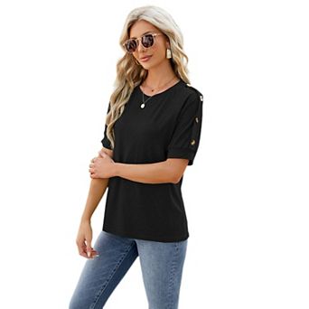 Women's Casual Office Short Sleeve Blouse Button Detail Crew Neck TShirt
