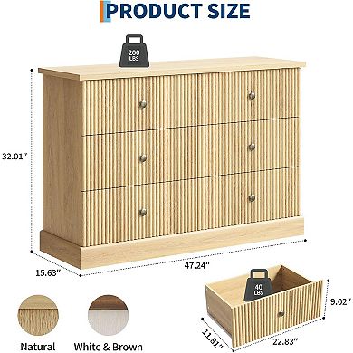 6 Drawer Dresser for Bedroom, Fluted Panel Horizontal Chest, Small Space Storage Dresser