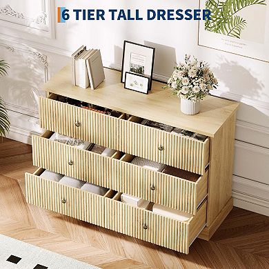 6 Drawer Dresser for Bedroom, Fluted Panel Horizontal Chest, Small Space Storage Dresser
