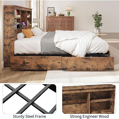 Wood Bed Frame with Storage Bookcase Headboard Drawers and Charging Station