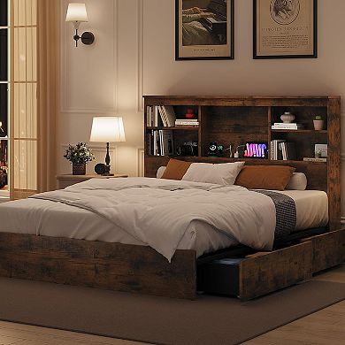 Wood Bed Frame with Storage Bookcase Headboard Drawers and Charging Station