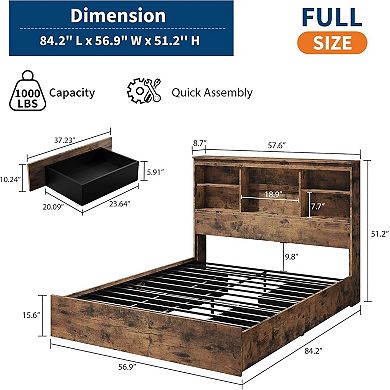 Wood Bed Frame with Storage Bookcase Headboard Drawers and Charging Station