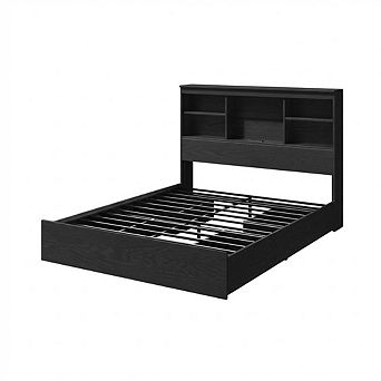 Wood Bed Frame with Storage Bookcase Headboard Drawers and Charging Station