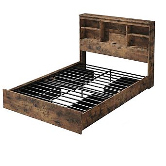 Wood Bed Frame with Storage Bookcase Headboard Drawers and Charging Station