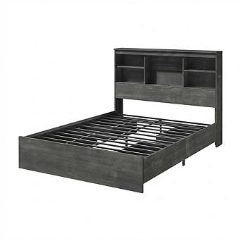 Wood Bed Frame with Storage Bookcase Headboard Drawers and Charging Station