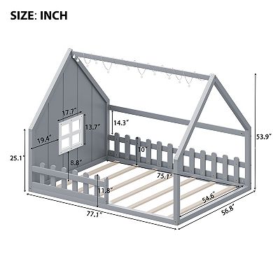 Trikiousd Full Size Wood House Bed Montessori Floor Bed with LED Light, Fence & Window