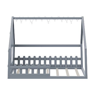 Trikiousd Full Size Wood House Bed Montessori Floor Bed with LED Light, Fence & Window