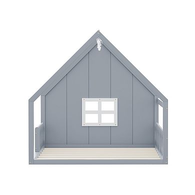 Trikiousd Full Size Wood House Bed Montessori Floor Bed with LED Light, Fence & Window