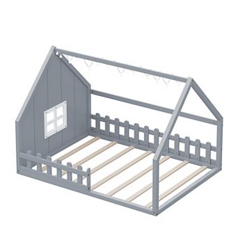 Trikiousd Full Size Wood House Bed Montessori Floor Bed with LED Light, Fence & Window