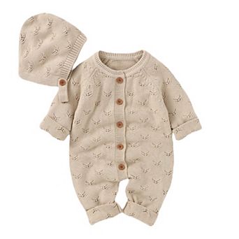 Baby Girls Eyelet Knit Romper with Bonnet