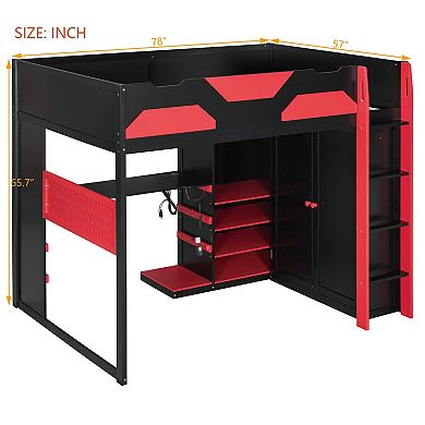 Trikiousd Full Size RGB Gaming Loft Bed Wood Bed Frame w/ Multi-Storage Shelves, USB & Desk