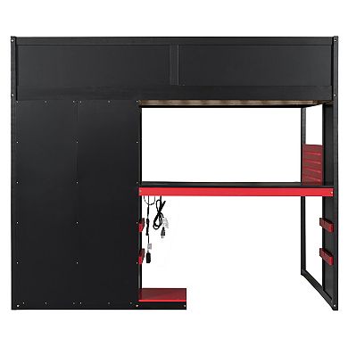 Trikiousd Full Size RGB Gaming Loft Bed Wood Bed Frame w/ Multi-Storage Shelves, USB & Desk
