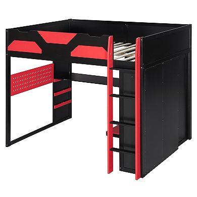 Trikiousd Full Size RGB Gaming Loft Bed Wood Bed Frame w/ Multi-Storage Shelves, USB & Desk