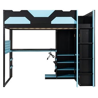 Trikiousd Full Size RGB Gaming Loft Bed Wood Bed Frame w/ Multi-Storage Shelves, USB & Desk