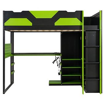 Trikiousd Full Size RGB Gaming Loft Bed Wood Bed Frame w/ Multi-Storage Shelves, USB & Desk
