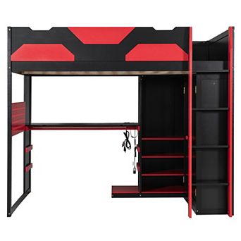 Trikiousd Full Size RGB Gaming Loft Bed Wood Bed Frame w/ Multi-Storage Shelves, USB & Desk