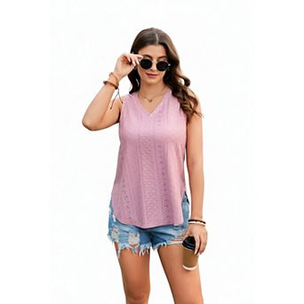 Zeagoo Women Casual Tank Top Hollow Design Sleeveless Crew Neck Loose Light Top