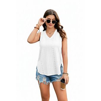 Zeagoo Women Casual Tank Top Hollow Design Sleeveless Crew Neck Loose Light Top