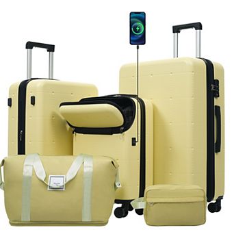Trikiousd Hardside Luggage Set 5 pc with Bags, USB Port, Double Spinner Wheels TSA Lock