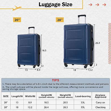 Trikiousd 2 Piece Luggage Set with Bags Expanable Spinner Wheels ABS Lightweight Suitcase