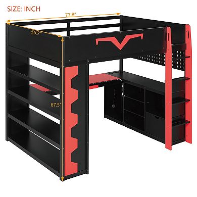 Trikiousd Full Size RGB Gaming Loft Bed w/ Desk, Power Outlet, Bookshelf, Pegboard & Keyboard Tray