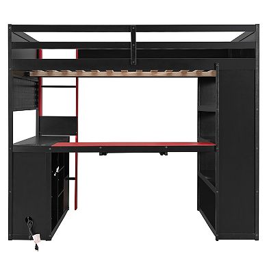 Trikiousd Full Size RGB Gaming Loft Bed w/ Desk, Power Outlet, Bookshelf, Pegboard & Keyboard Tray