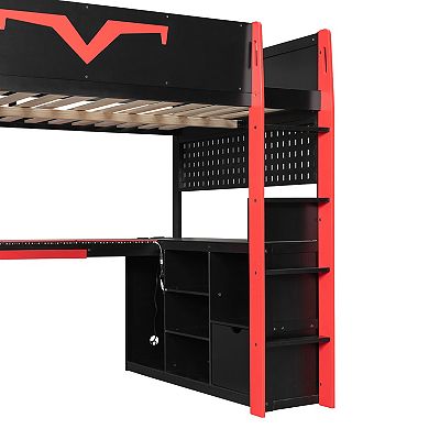 Trikiousd Full Size RGB Gaming Loft Bed w/ Desk, Power Outlet, Bookshelf, Pegboard & Keyboard Tray