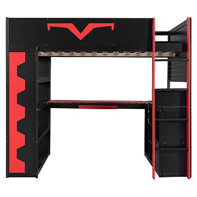 Trikiousd Full Size RGB Gaming Loft Bed w/ Desk, Power Outlet, Bookshelf, Pegboard & Keyboard Tray