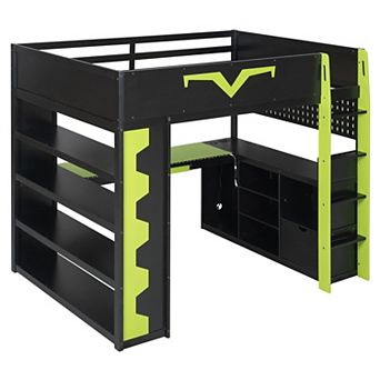 Trikiousd Full Size RGB Gaming Loft Bed w/ Desk, Power Outlet, Bookshelf, Pegboard & Keyboard Tray