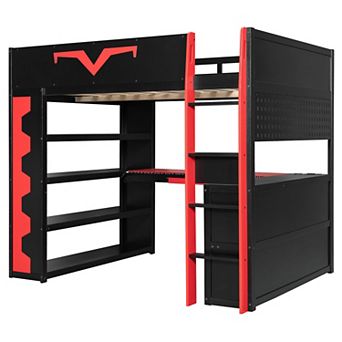 Trikiousd Full Size RGB Gaming Loft Bed w/ Desk, Power Outlet, Bookshelf, Pegboard & Keyboard Tray