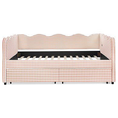 Trikiousd Wave Shaped Full Size Linen Upholstery Gingham Daybed with 2 Storage Drawers & USB