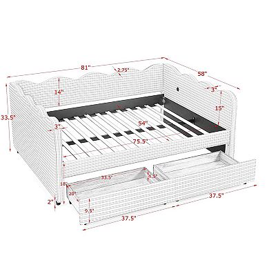 Trikiousd Wave Shaped Full Size Linen Upholstery Gingham Daybed with 2 Storage Drawers & USB