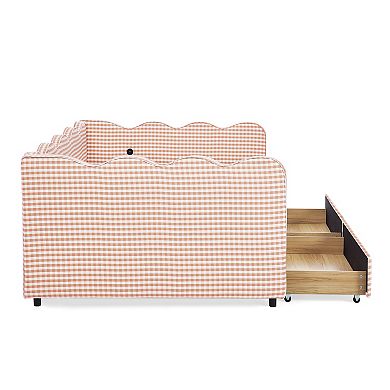 Trikiousd Wave Shaped Full Size Linen Upholstery Gingham Daybed with 2 Storage Drawers & USB