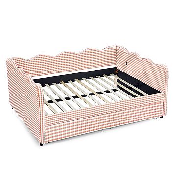 Trikiousd Wave Shaped Full Size Linen Upholstery Gingham Daybed with 2 Storage Drawers & USB