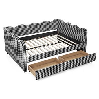 Trikiousd Wave Shaped Full Size Linen Upholstery Gingham Daybed with 2 Storage Drawers & USB