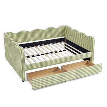 Trikiousd Wave Shaped Full Size Linen Upholstery Gingham Daybed with 2 Storage Drawers & USB