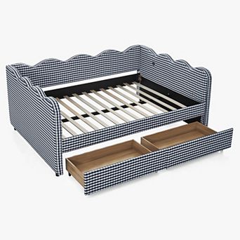Trikiousd Wave Shaped Full Size Linen Upholstery Gingham Daybed with 2 Storage Drawers & USB