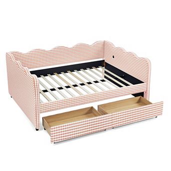 Trikiousd Wave Shaped Full Size Linen Upholstery Gingham Daybed with 2 Storage Drawers & USB